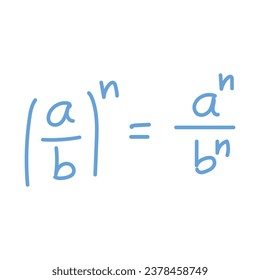 Power of a fraction rule. Exponent power of a quotient. Algebra math formula. Mathematics resources for teachers and students. Vector illustration.