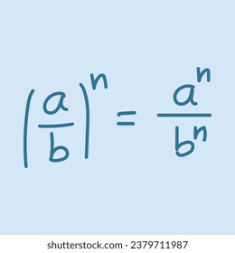 Power of a fraction rule. Exponent power of a quotient. Algebra math formula. Mathematics resources for teachers and students. Vector illustration.