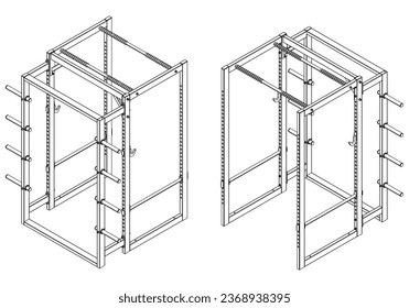 Power frame. Fitness, cardio, and muscle building machines, equipments set at gym. Workout and training concept. Vector illustration.