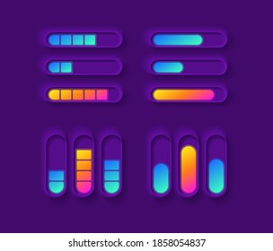 Power Gauge UI Elements Kit. Mixer Bars. Media Equalizer. Multimedia Isolated Vector Icon, Bar And Dashboard Template. Web Design Widget Collection For Mobile Application With Dark Theme Interface