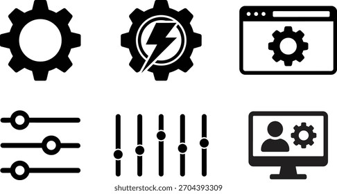 Power gear and interface icons for system energy and configuration management. Sliders and web screens symbolizing control, energy, and technology systems.