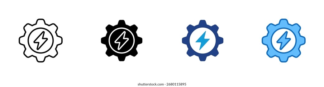 Diseño de Vector de íconos de estilo múltiple - Engranaje con perno de relámpago central, que representa Configuraciones eléctricas, optimización del rendimiento o sistemas de energía