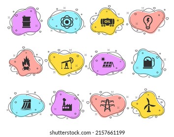 Vektorsymbole zur Stromerzeugung auf Farbblasen, einzeln auf weißem Hintergrund. Icon-Set für die Stromerzeugung für Webdesign, mobile Apps und i-Design