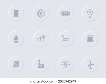 power generation gray vector icons on round rubber buttons. power generation icon set for web, mobile apps, ui design and promo business polygraphy