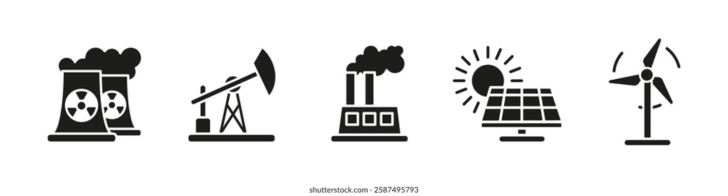 Power generation icon set black. Energy production and electricity vector illustration. Renewable and fossil fuel industry concept. Nuclear, solar, wind and oil sources silhouette representation.