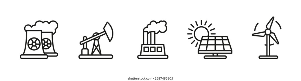 Power generation icon set. Energy production and electricity vector illustration. Renewable and fossil fuel industry concept. Nuclear, solar, wind and oil sources representation.