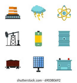 Power generation icon set. Flat style set of 9 energy sources vector icons for web isolated on white background