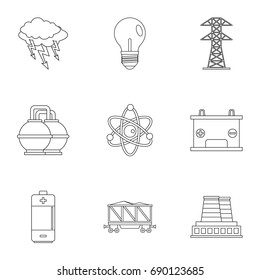 Power generation icon set. Outline style set of 9 energy sources vector icons for web isolated on white background