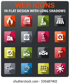 Power generation icons set in flat design with long shadow