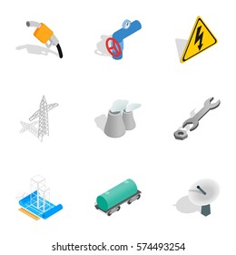 Power generation icons set. Isometric 3d illustration of 9 power generation vector icons for web