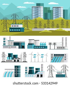 Power generation orthogonal concept with electric station design and set of energy plants isolated vector illustration