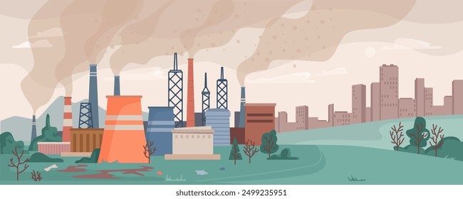 Power generation plant with smokestack, electricity generation industrial construction heavy industry. Vector factory or manufacturing building with chimneys emitting smoke, city skyline on background