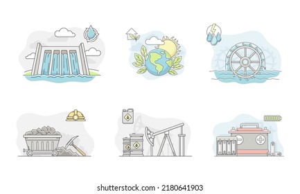Conjunto de recursos de generación de energía. Ilustración vectorial de estaciones de generación de energía eléctrica