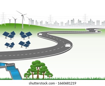 Power generation system renewable Clean energy from nature, such as wind, solar, water energy, can be used to produce electricity.Vector template infographic Timeline of business operations with flags