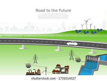 Power generation system renewable Clean energy from nature, such as wind, solar, water energy, can be used to produce electricity.Vector template infographic Timeline of business operations with texts