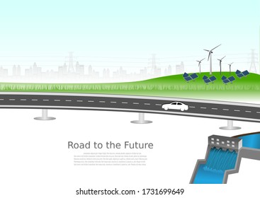 Power Generation System Renewable Clean Energy From Nature, Such As Wind, Solar, Water Energy, Can Be Used To Produce Electricity.Vector  Infographic Timeline Of Business Operations With Roadway.