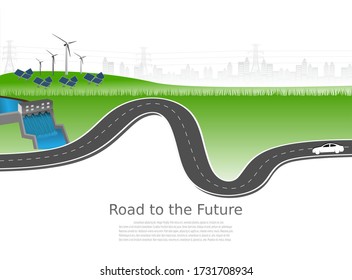 Power Generation System Renewable Clean Energy From Nature, Such As Wind, Solar, Water Energy, Can Be Used To Produce Electricity.Vector  Infographic Timeline Of Business Operations With Roadway.