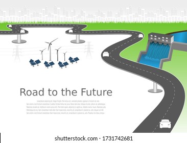 Power Generation System Renewable Clean Energy From Nature, Such As Wind, Solar, Water Energy, Can Be Used To Produce Electricity.Vector  Infographic Timeline Of Business Operations With Roadway.