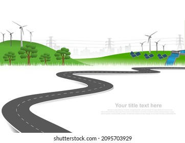 Power Generation System Renewable Clean Energy From Nature, Such As Wind, Solar, Water Energy, Can Be Used To Produce Electricity.Vector Template Infographic Timeline Of Business Operations With Flags