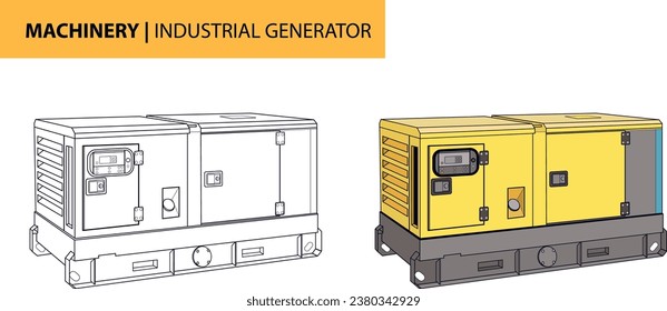 Power generator for industrial use, line art and colored illustration.