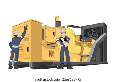 Power generators maintenance service team big diesel. isolated and illustration Vector.