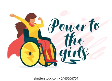 Power to girls vector cartoon banner with lettering. Handicapped woman sitting in wheelchair flat character concept. Superhero with disability, power of mind. Never give up hand drawn poster design