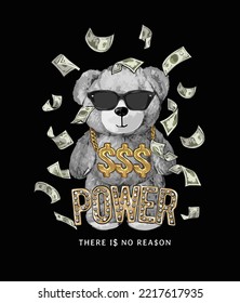 power golden diamond slogan with black and white bear doll in sun glasses and flying banknote vector illustration on black background