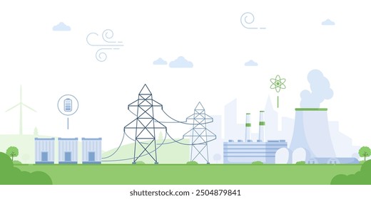 Stromnetz mit Stromverteilerverdrahtung aus Stationskonzept. Energieversorgungsleitungen mit Türmen, Generator und Vektorgrafik des Atomkraftwerks. Kernreaktor mit Infrastruktur.