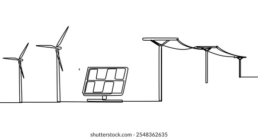 Rede elétrica com postes de eletricidade ligados a turbinas eólicas e painéis solares, desenhados em um estilo contínuo de uma linha. Conceito de energia renovável.