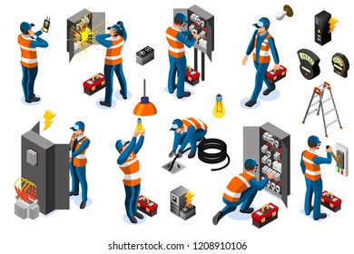 Power grid infographic, generating of power consumption. Energy element on line transmission. Station with high voltage socket. Flat isometric flowchart concept with characters. Vector illustration.