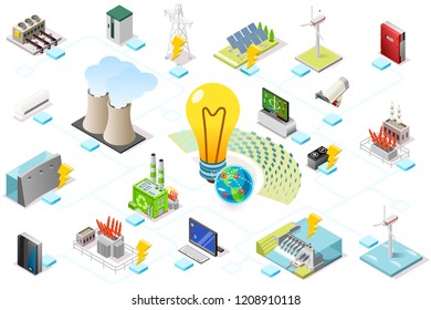 Power Grid Infographic, Generating Of Power Consumption. Energy Element On Line Transmission. Station With High Voltage Socket. Flat Isometric Flowchart Concept With Characters. Vector Illustration.