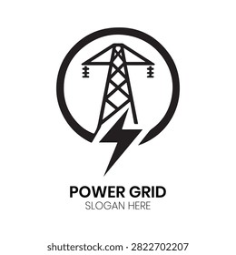 Power Grid logo features a transmission tower and lightning bolt vector tailored for electrical power utilities, energy transmission companies, and electrical engineering contractors.