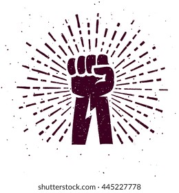 Power hand with flash, vintage retro badge for t-shirt apparel clothing print, isolated on white with sunburst background vector graphic illustration art. Design for stickers, logo, web and mobile app