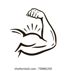 Power hand, muscular arm, bicep. Gym, wrestling, powerlifting, bodybuilding, champion, sport symbol. Vector illustration