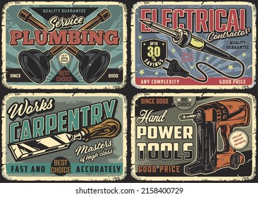 Power and hand tools colorful vintage advertising posters set with inscriptions, crossed plungers, wired soldering iron, chisel with wooden handle, power nailer, vector illustration