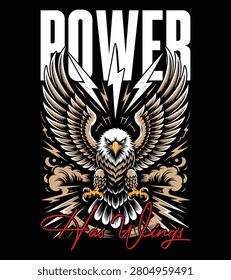 Power has wings, bald eagle with spread wings and lightning bolts in a dark bird