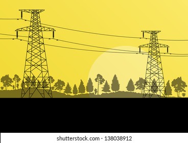 Power high voltage electricity tower line in countryside forest nature landscape background vector