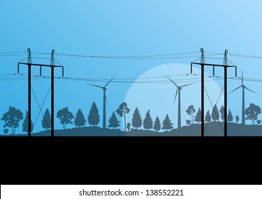 Power high voltage electricity tower line and wind generators in countryside forest nature landscape illustration background vector