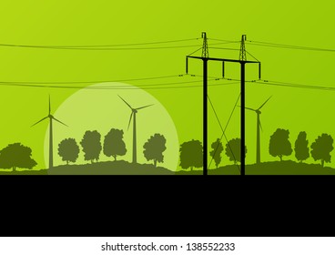 Power high voltage electricity tower line and wind generators in countryside forest nature landscape illustration background vector