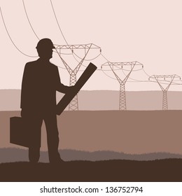 Power high voltage tower with engineer vector background