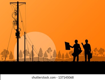 Power high voltage tower with engineer vector background