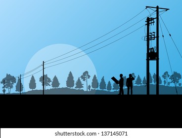 Power high voltage tower with engineer vector background