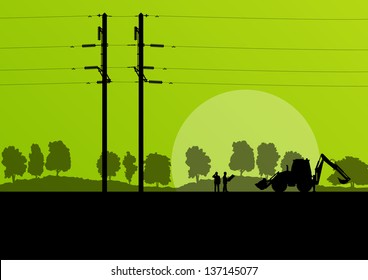 Power high voltage tower with engineer and excavator vector background