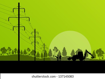 Power high voltage tower with engineer and excavator vector background