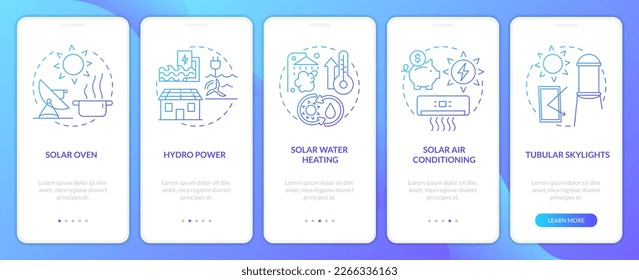 Power home with green energy blue gradient onboarding mobile app screen. Walkthrough 5 steps graphic instructions with linear concepts. UI, UX, GUI template. Myriad Pro-Bold, Regular fonts used