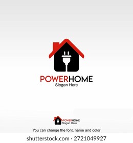 Power Home Logo-Vorlagendesign-Vektor. Ein Haus, das mit einem elektrischen Stecker kombiniert wird, der Lösungen für die häusliche Energieversorgung, elektrische Dienstleistungen und intelligente Haustechnologie symbolisiert.