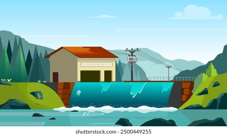 Power house near dam with transmission lines