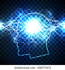 Power of human mind concept - head filled with storm of thoughts - realistic white lightning bolt created from intertwined white lightnings and surrounded with shining blue lights.