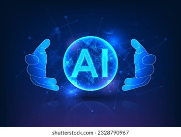 Power of human-created artificial intelligence. With glowing AI letters inside a circle held by hands, it represents technology's role in business, fostering innovation and connection