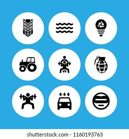 power icon. 9 power set with hand grenade, tractor side view, bulb and washer vector icons for web and mobile app